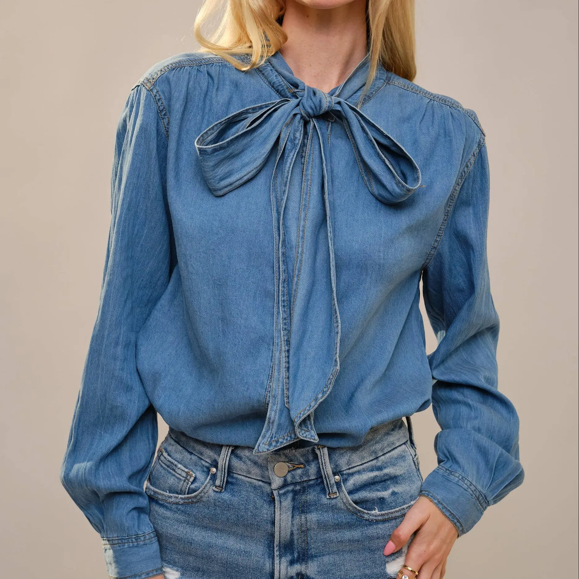 Tie Neck Chambray Blouse