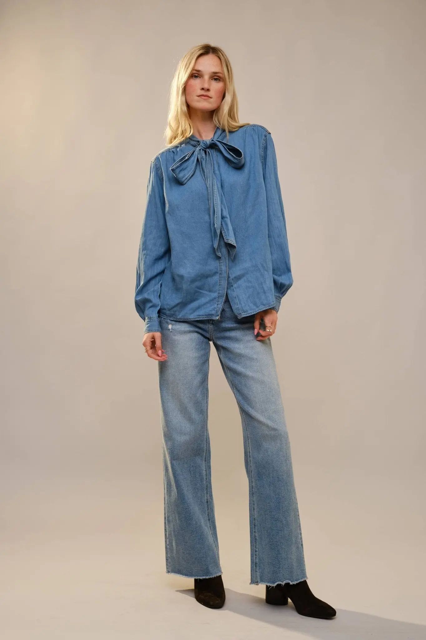 Tie Neck Chambray Blouse - Image 2