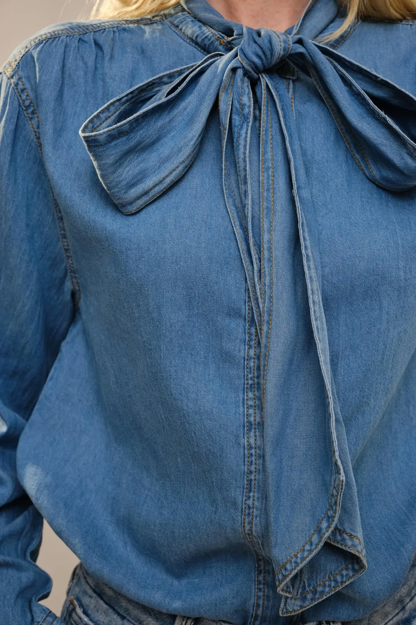Tie Neck Chambray Blouse - Image 3