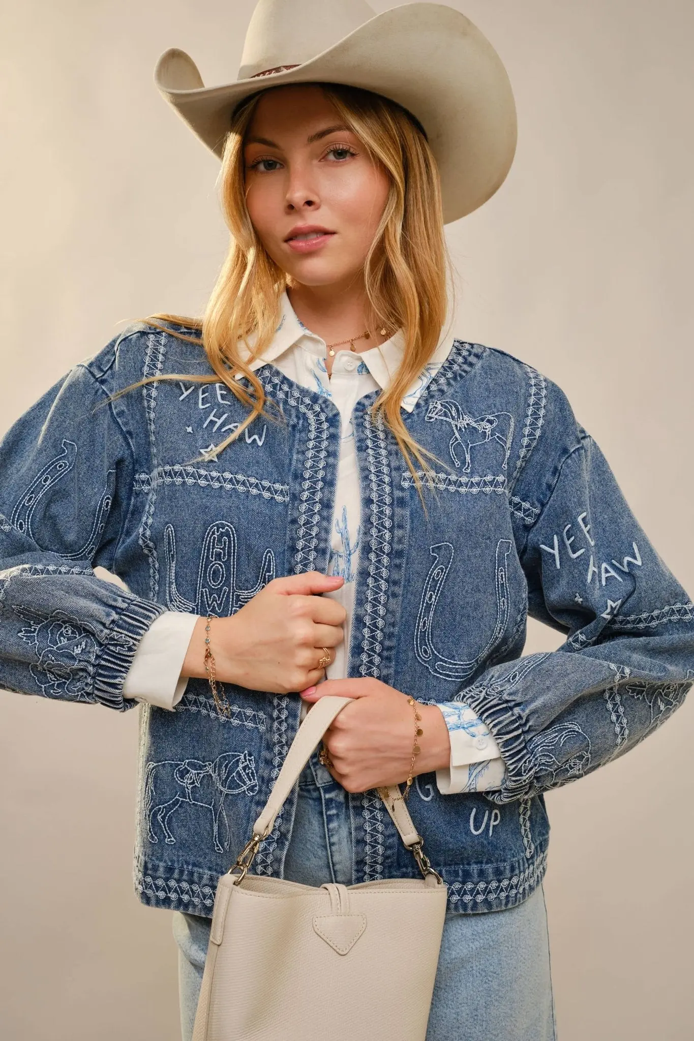 Puff Cowgirl Embroidery Sleeve Denim Jacket - Image 3