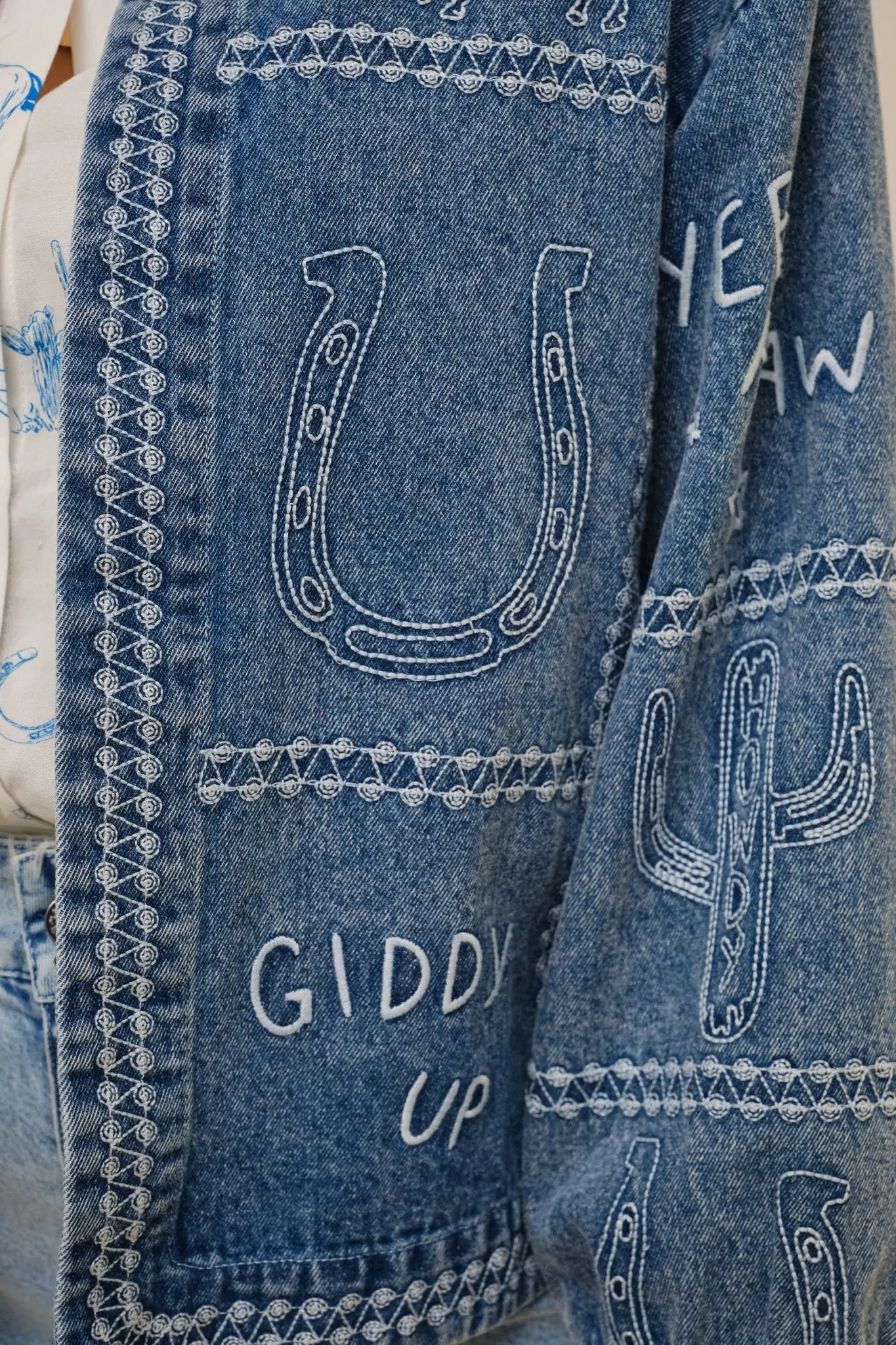Puff Cowgirl Embroidery Sleeve Denim Jacket - Image 4