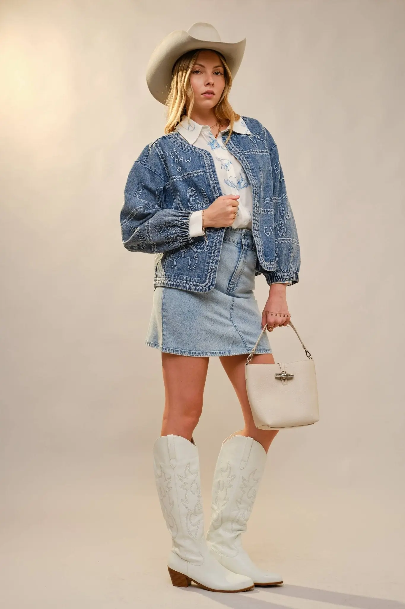 Puff Cowgirl Embroidery Sleeve Denim Jacket - Image 5