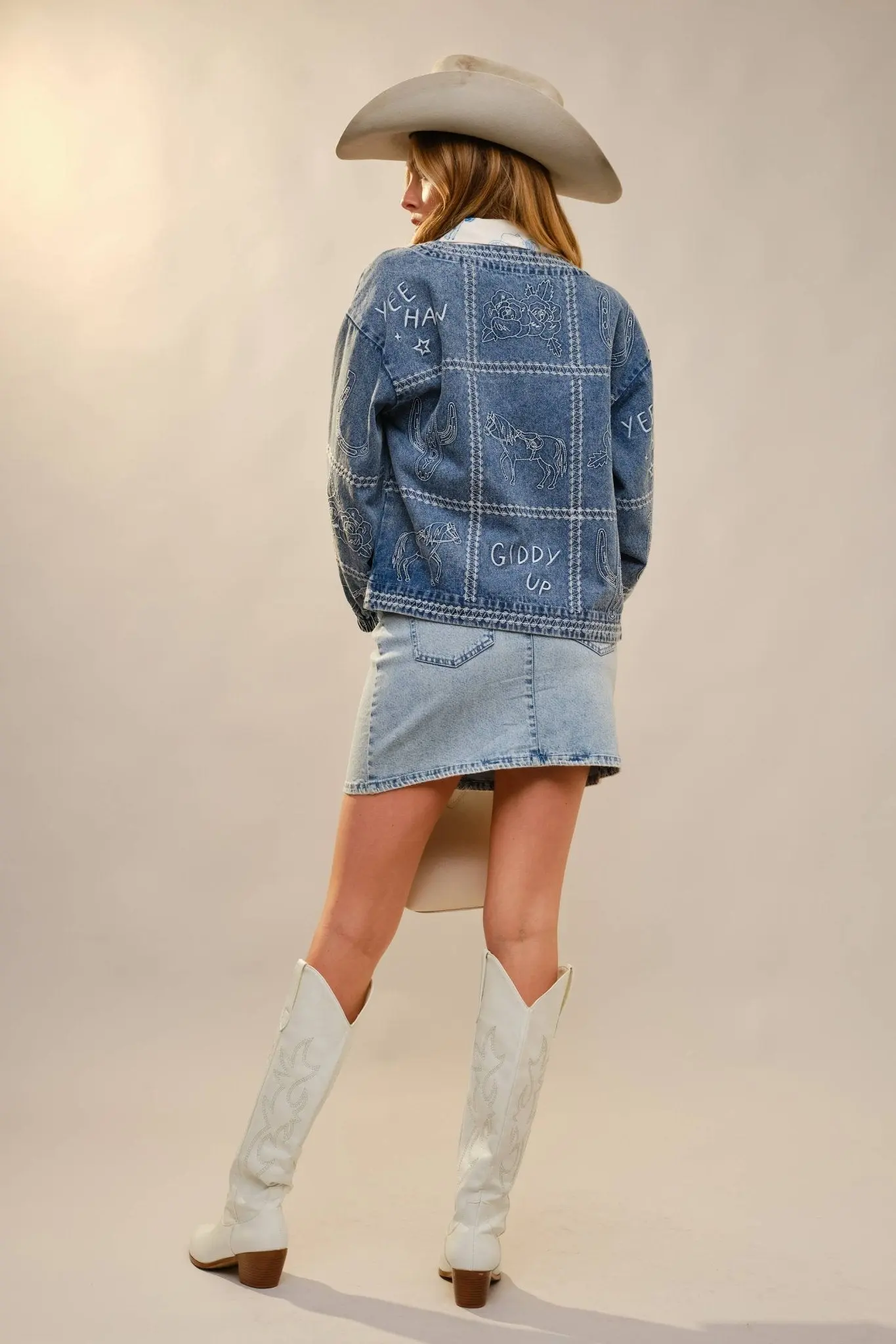 Puff Cowgirl Embroidery Sleeve Denim Jacket - Image 6
