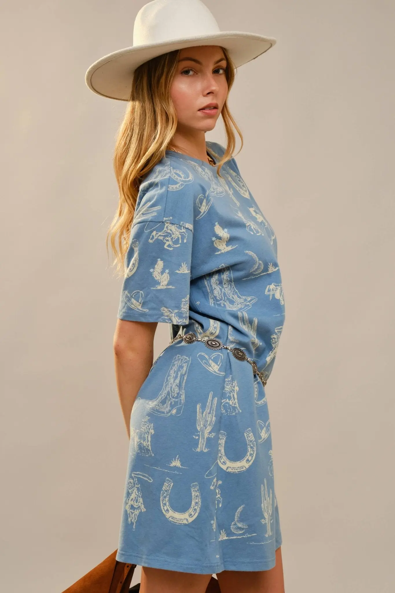 Blue Western Motif Cotton T-Shirt Dress - Image 3