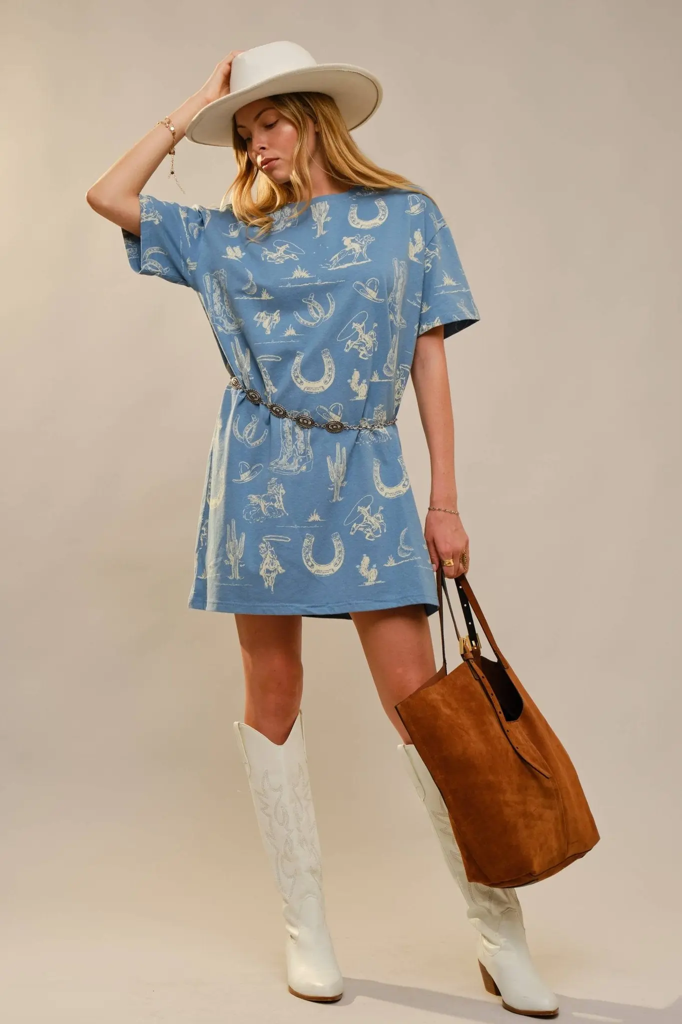 Blue Western Motif Cotton T-Shirt Dress - Image 5