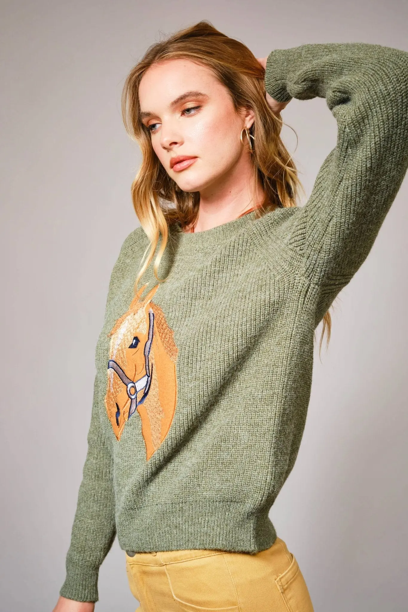 Olive Horse Embroidered Sweater - Image 3