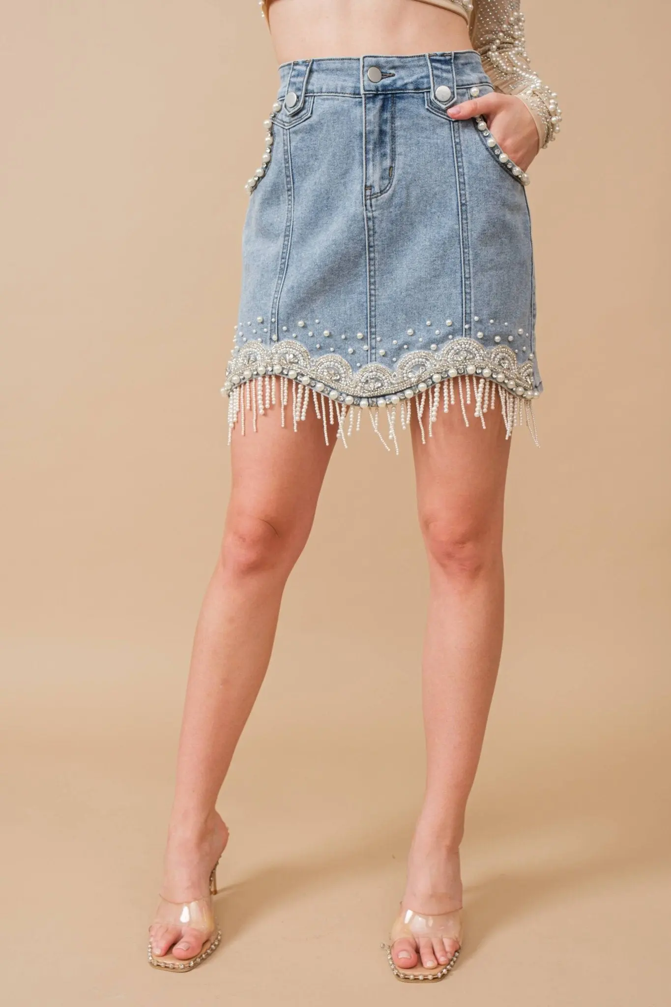 Denim Embellished Pearl Mini Skirt - Image 3