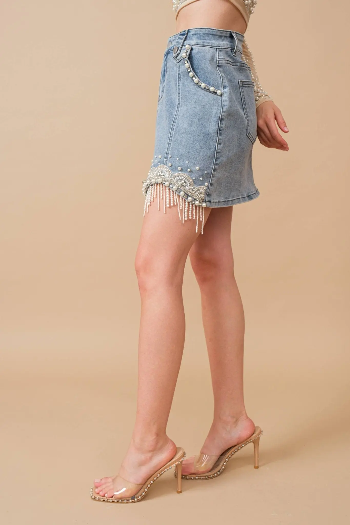 Denim Embellished Pearl Mini Skirt - Image 4