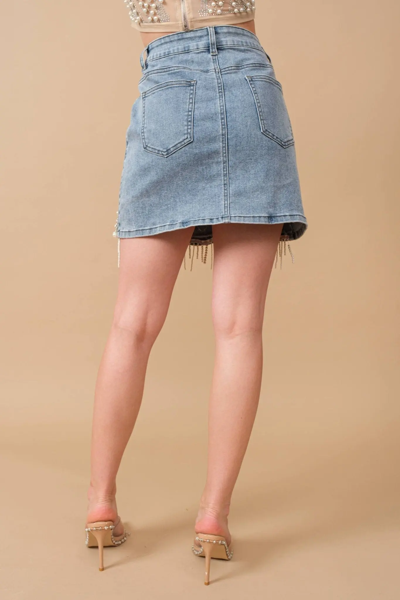 Denim Embellished Pearl Mini Skirt - Image 5