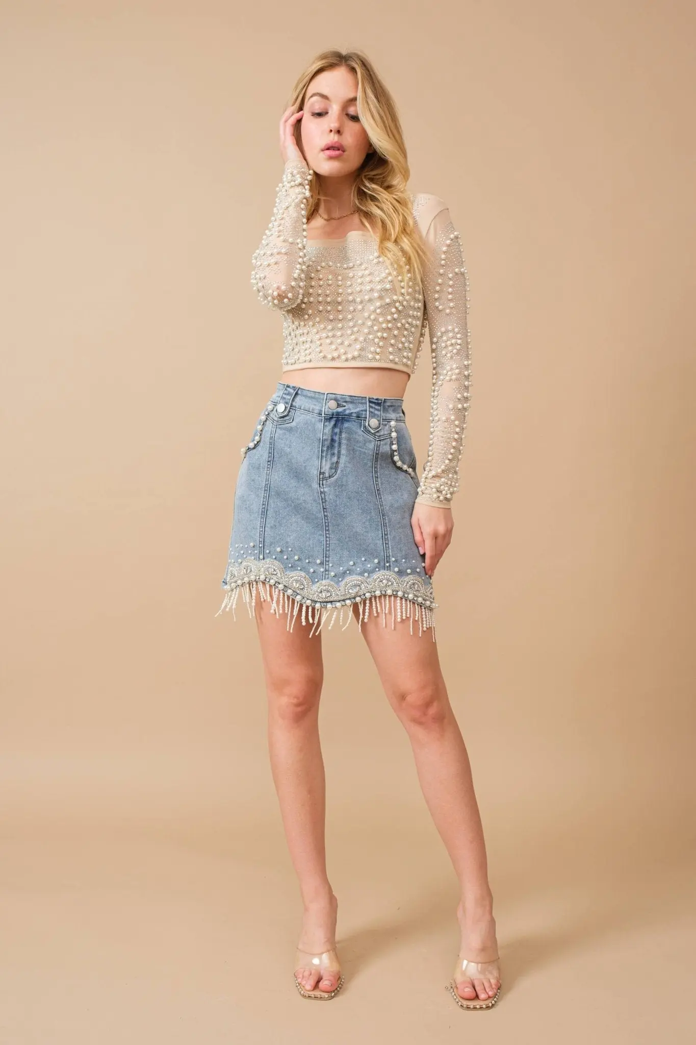 Denim Embellished Pearl Mini Skirt - Image 6