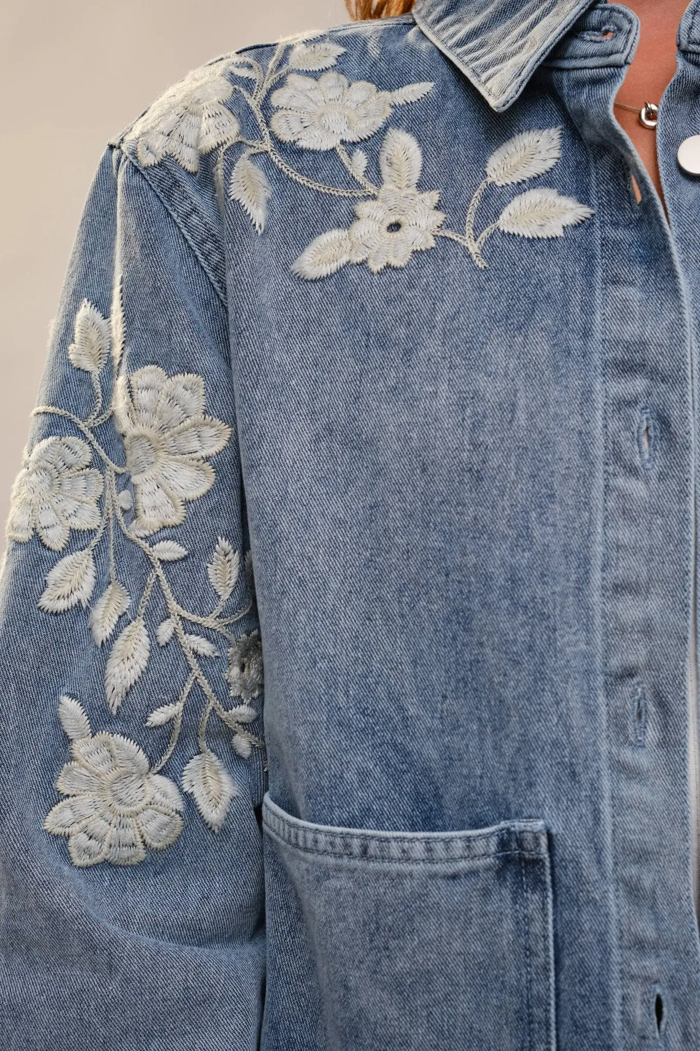 Denim Floral Work Jacket - Image 3