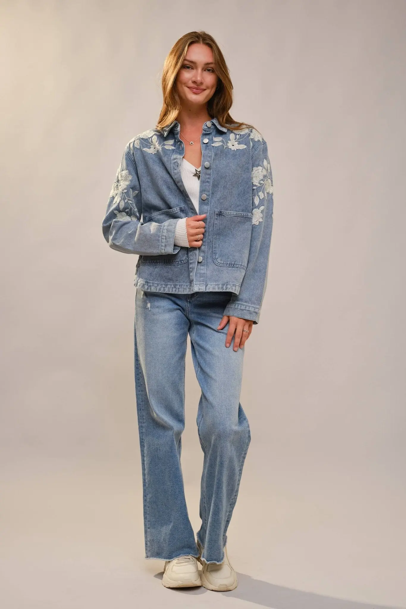 Denim Floral Work Jacket - Image 4