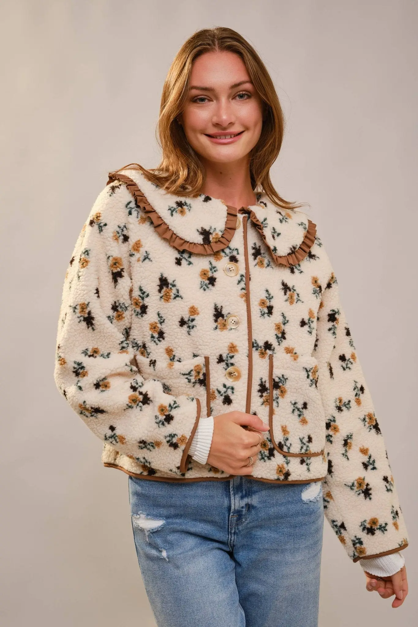Floral Ruffle Western Sherpa Jacket