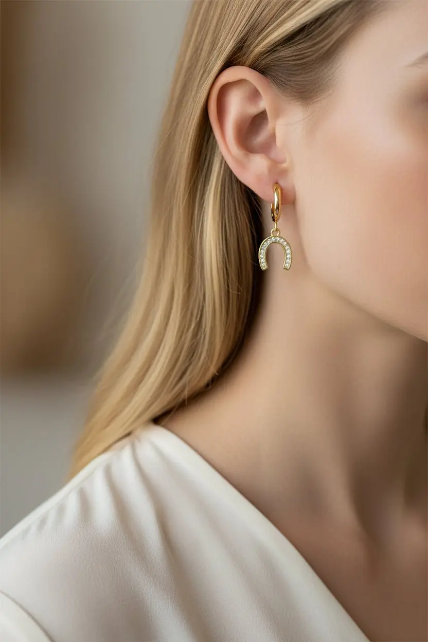 Golden Horseshoe Huggie Earrings - Image 2