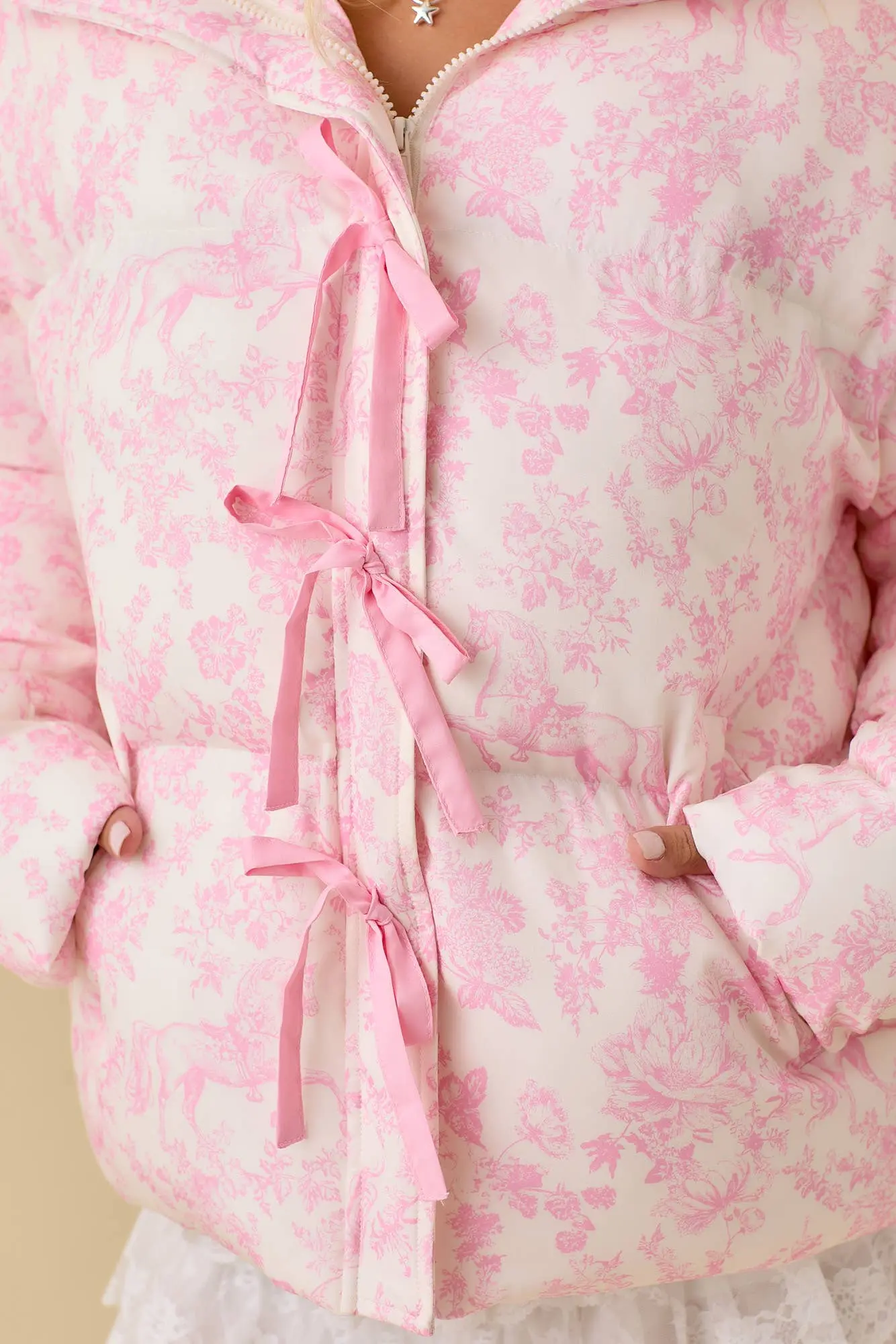 Pink Toile Horse Puffer Coat - Image 3