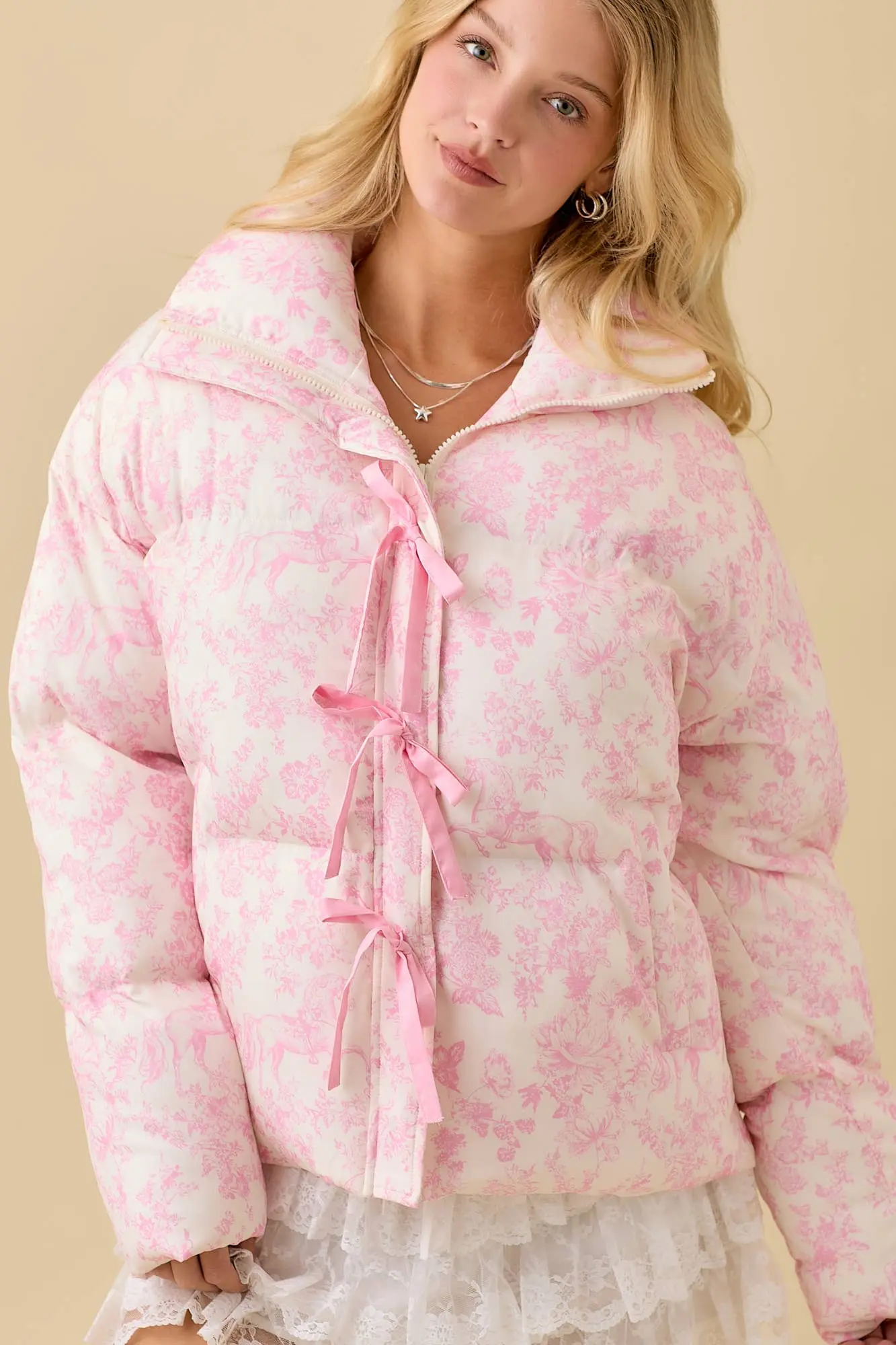 Pink Toile Horse Puffer Coat - Image 4