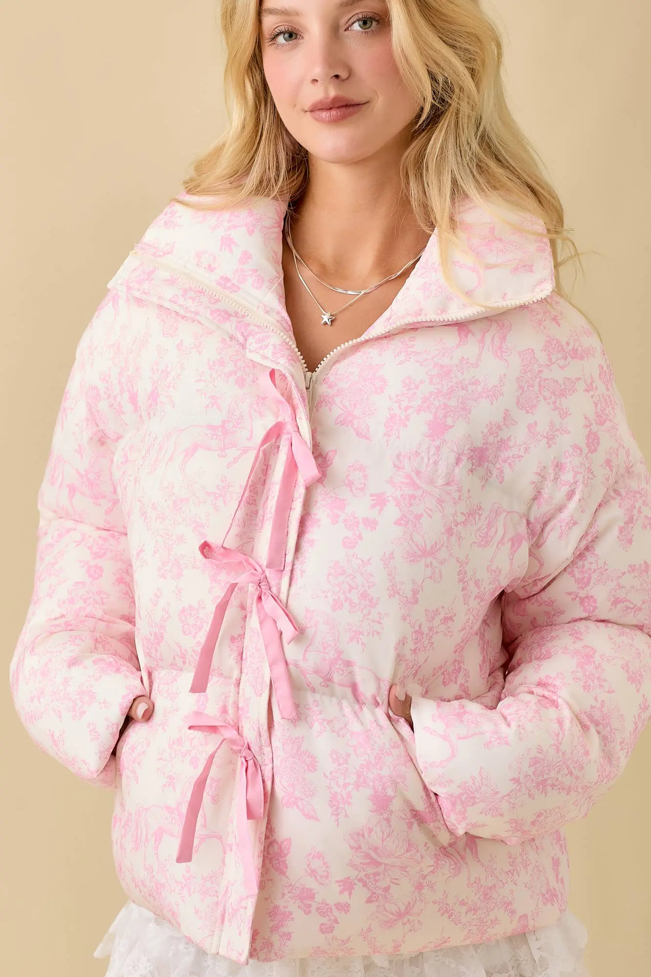 Pink Toile Horse Puffer Coat - Image 5