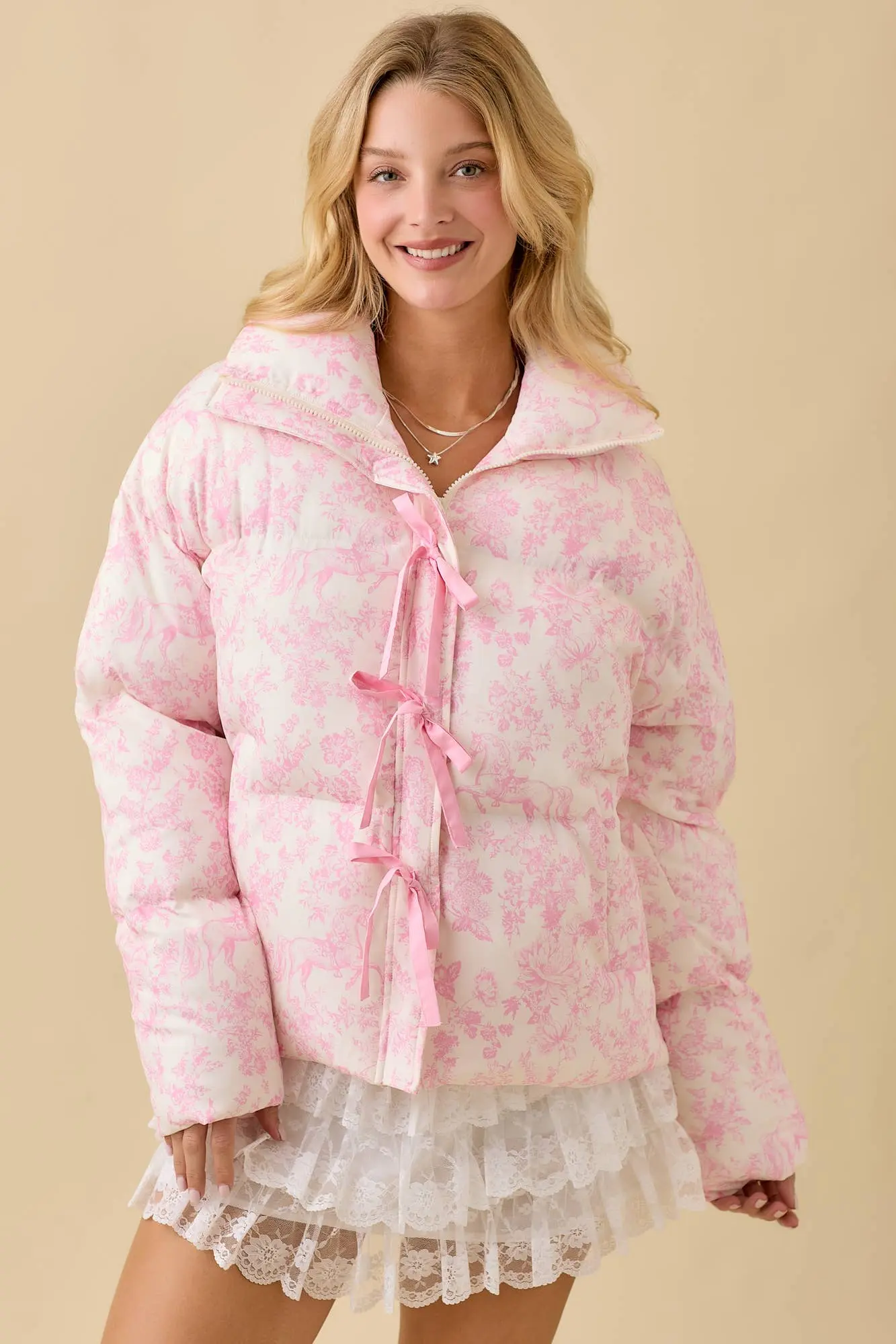 Pink Toile Horse Puffer Coat - Image 6