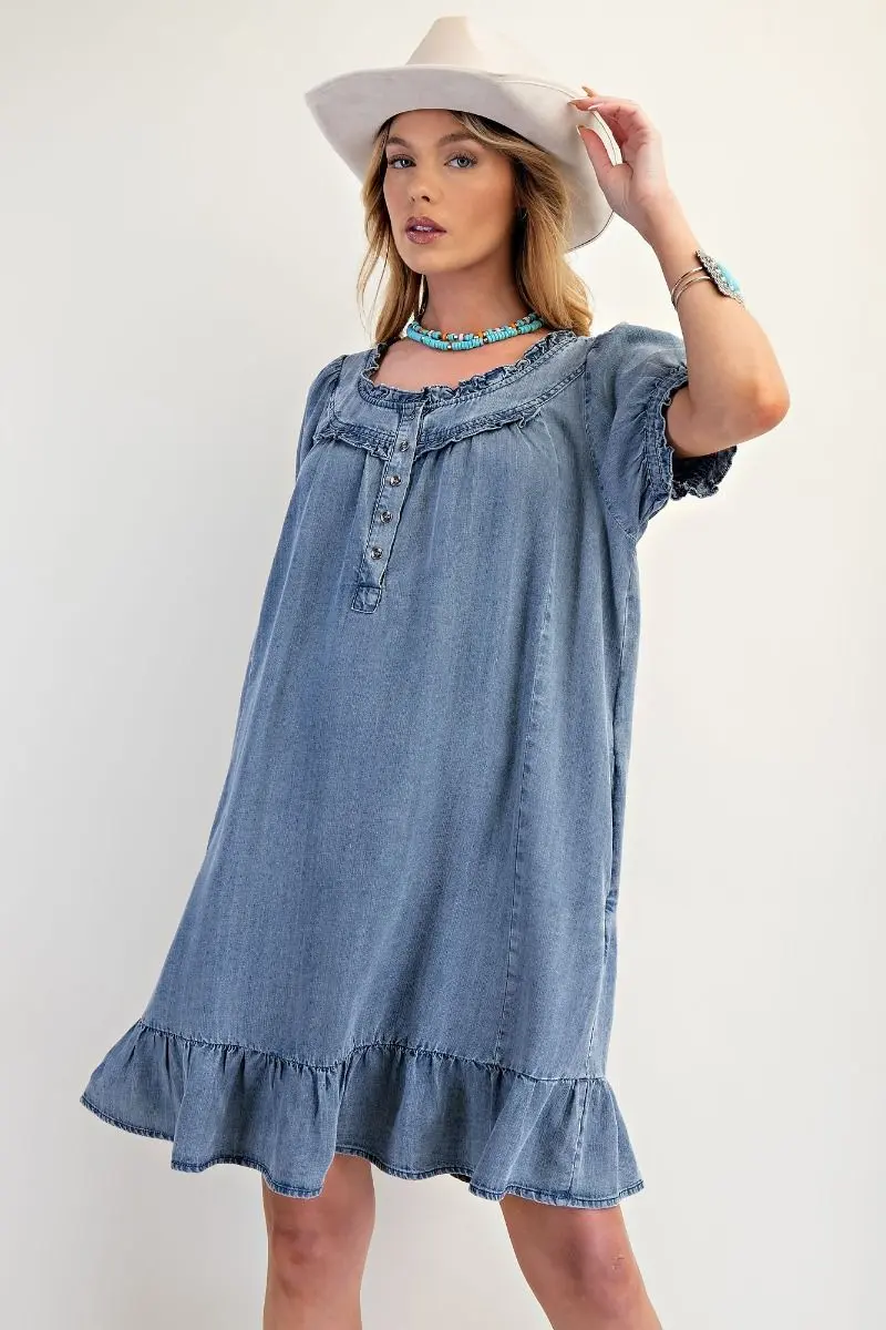 Washed Chambray Ruffle Dress
