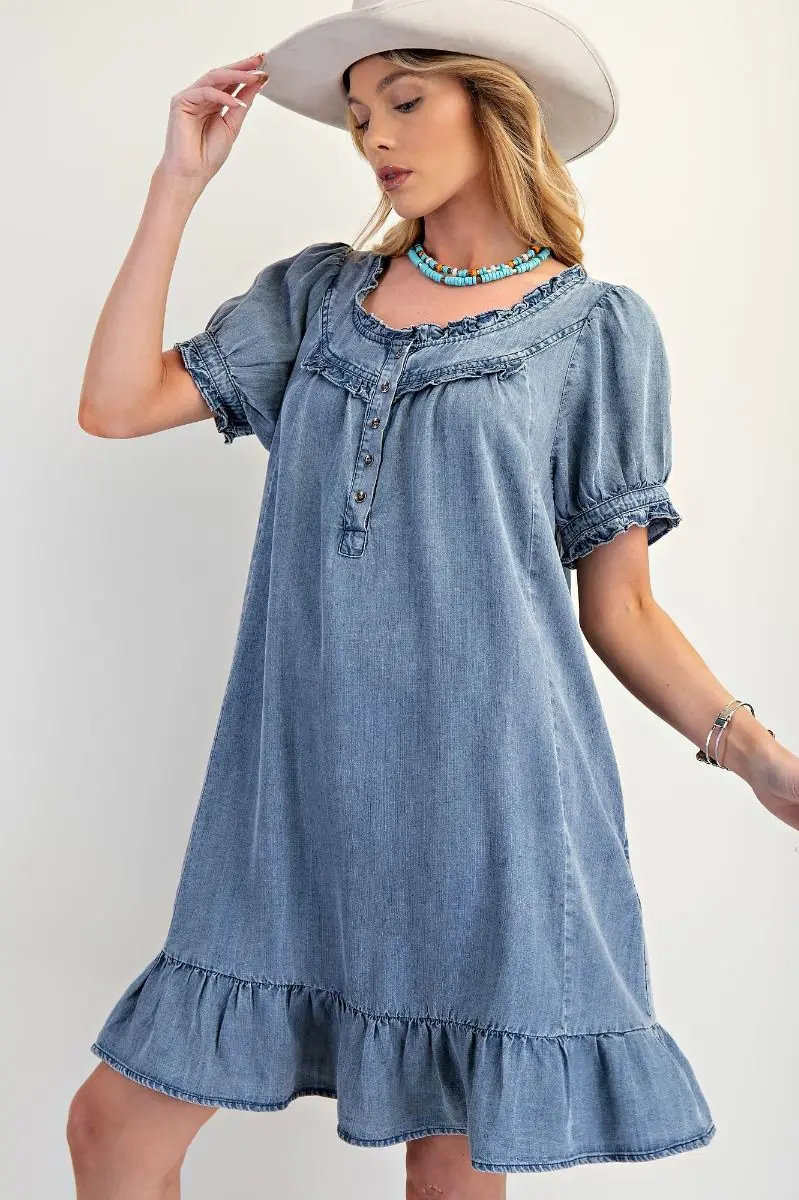 Washed Chambray Ruffle Dress - Image 2