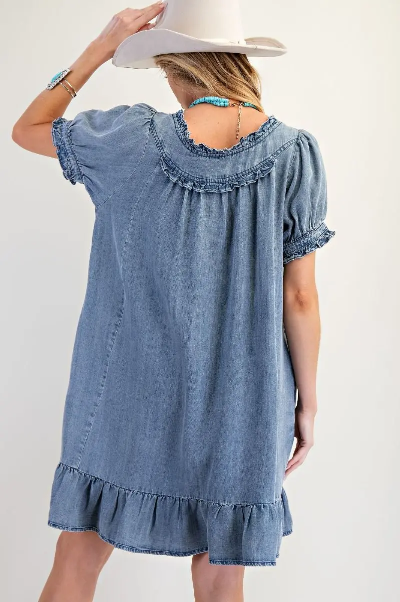 Washed Chambray Ruffle Dress - Image 3